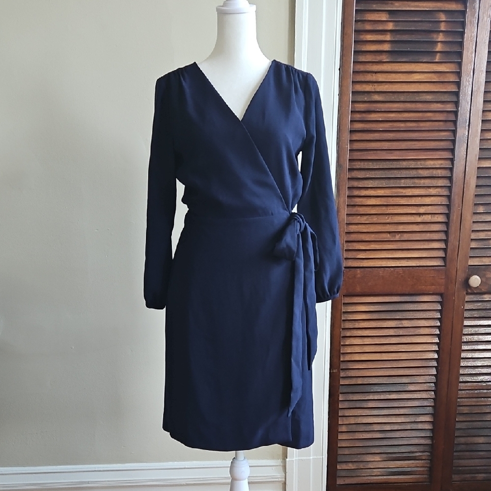 J. Crew Women's 365 Crepe V Neck Drape Long Sleeve Wrap Midi Dress Navy Blue 0